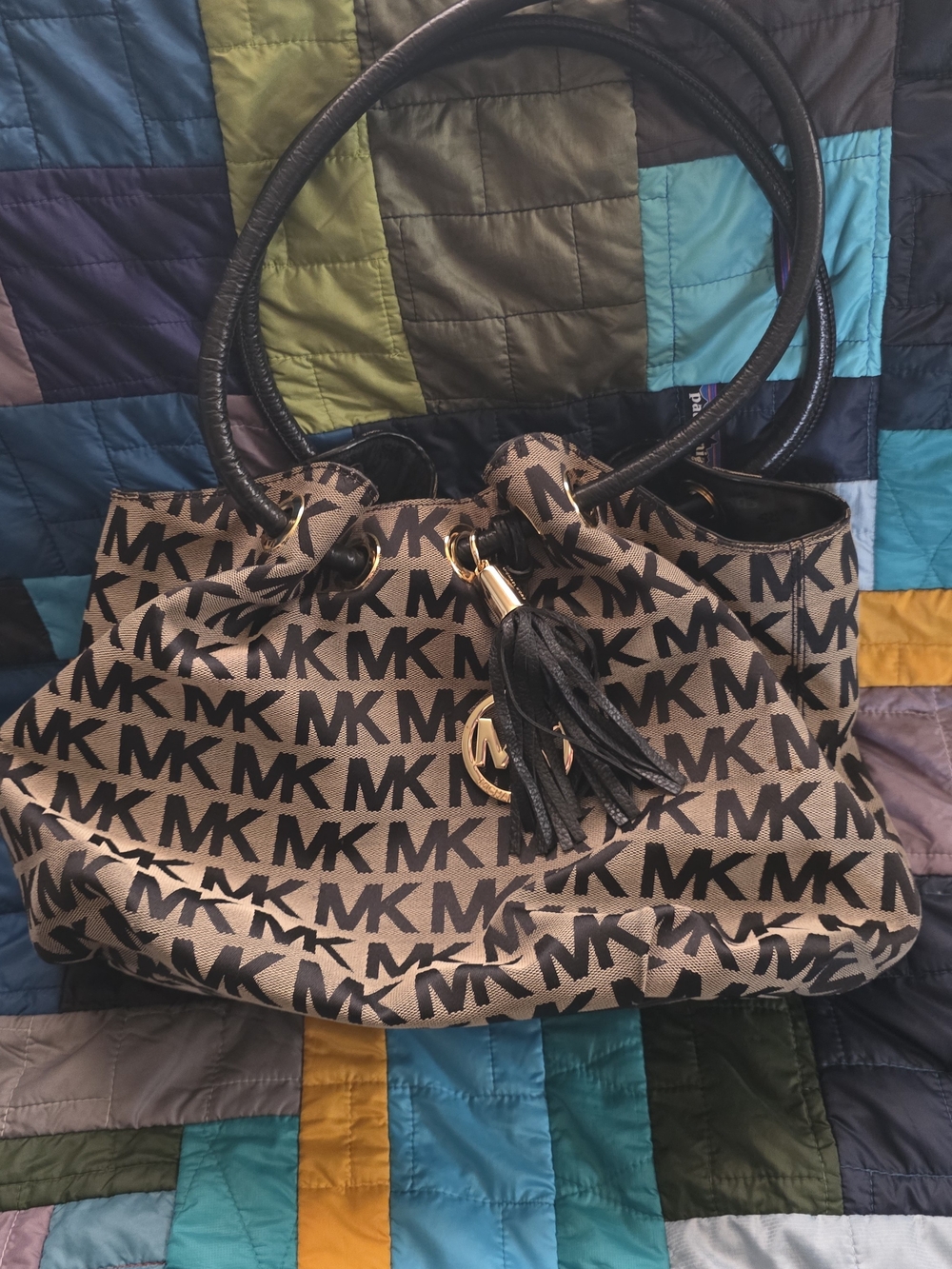 Michael Kors Tan and Black MK Logo Shoulder Bag
